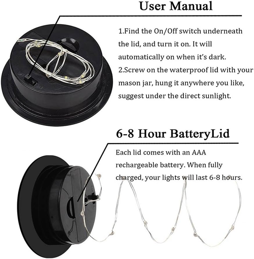 6 Pack Mason Jar Lights, 10 LED Solar Warm White Fairy String Lights Lids Insert for Garden Deck Patio Party Wedding Christmas Decorative Lighting Fit for Regular Mouth Jars