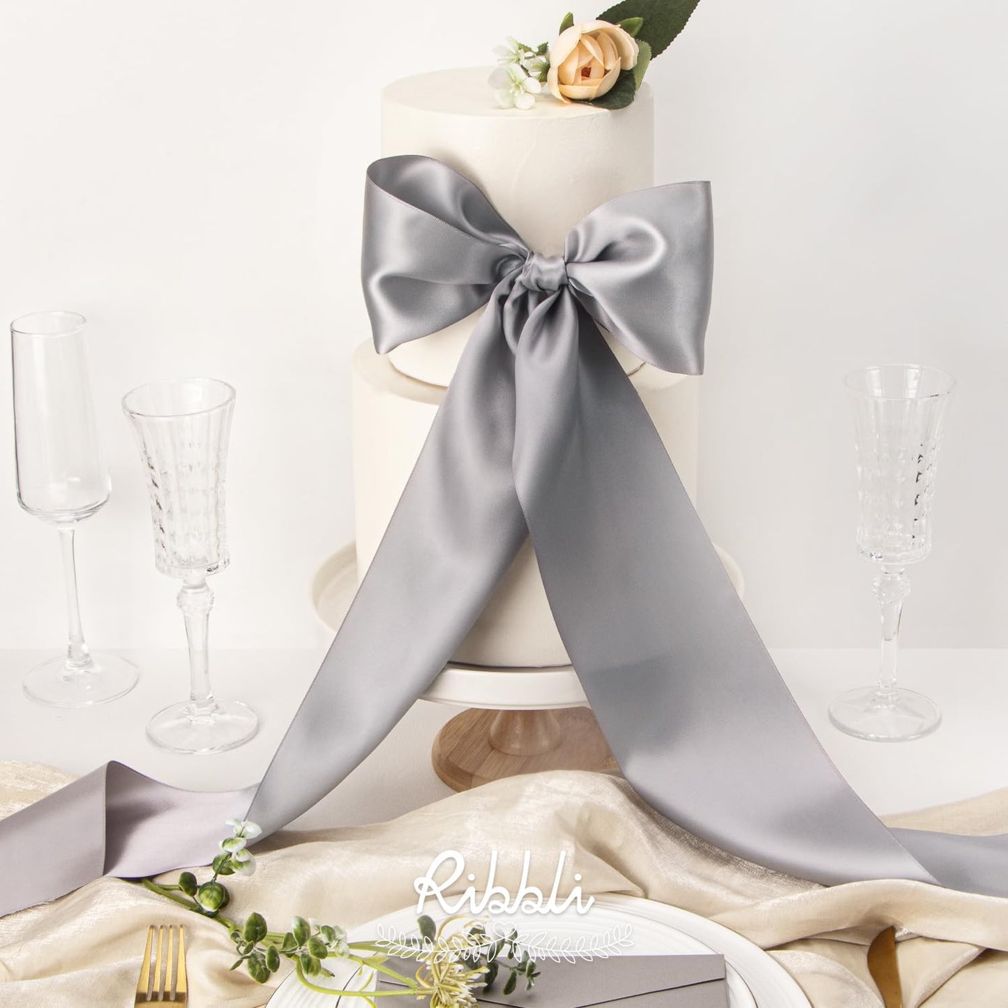 Ribbli Silver Satin Ribbon 4 Inch Wide Silver Ribbon for Wedding Chair Sash Grand Opening Ceremony Big Bows Gift Wrapping Floral Crafts Cake Decor-Double Faced Satin Continuous 10 Yards