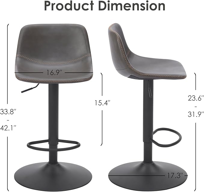 Adjustable Bar Stools Set of 2, Mid Century Modern Swivel Bar Stools, - Image 2