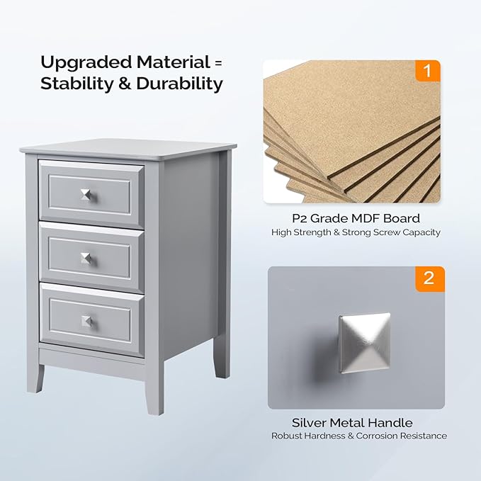 Bonnlo Gray Nightstand with 3 Drawers, Modern Night Stand - Image 3