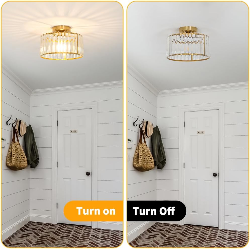 Crystal Ceiling Light Fixture, Modern Semi Flush Mount Ceiling Light, Gold Hallway Lighting Fixtures Chandelier for Kitchen, Close To Ceiling Light Fixtures for Entryway Bedroom, 1-Light, 11Inch