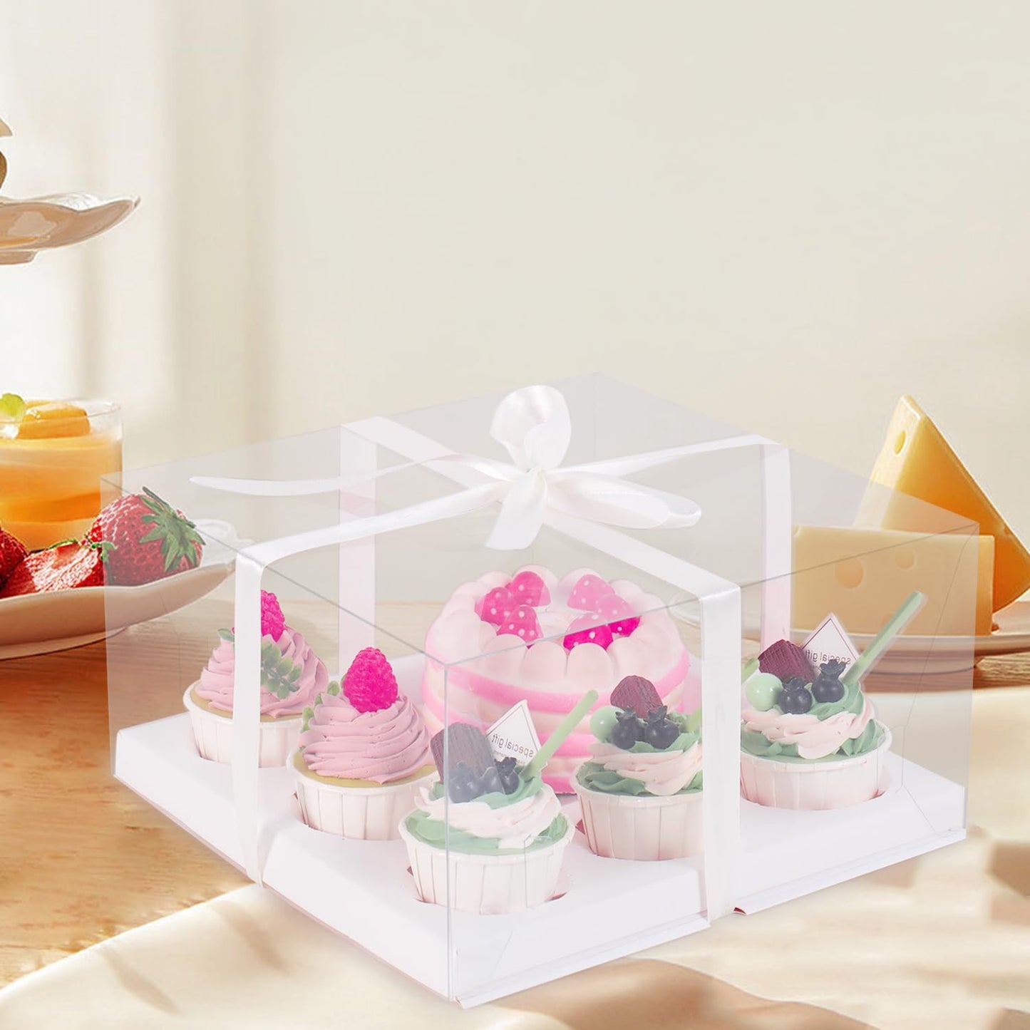 JCD 3 Packs Cake Cupcakes Combo Box 1+5 Cupcake Containers with Gift Ribbon Bento Clear Boxes (5 Cupcakes with Cake)(1+5/3Pcs)