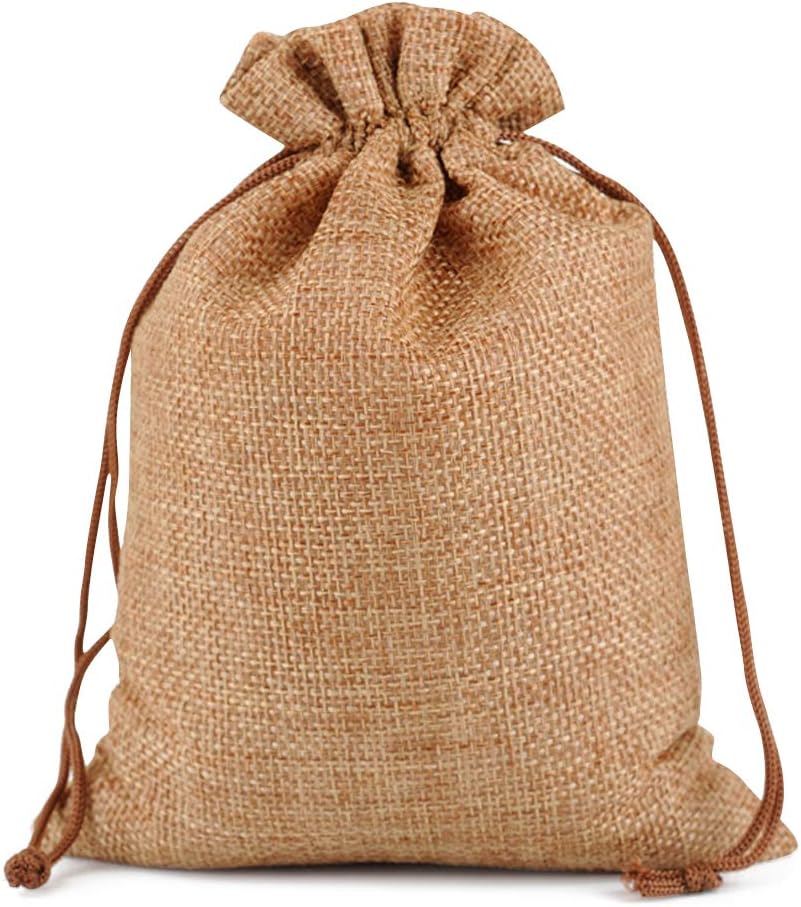 Lucky Monet 25/50/100PCS Burlap Gift Bags Wedding Hessian Jute Bags Linen Jewelry Pouches with Drawstring for Birthday, Party, Wedding Favors, Present, Art and DIY Craft (100Pcs, Coffee, 5” x 7”)