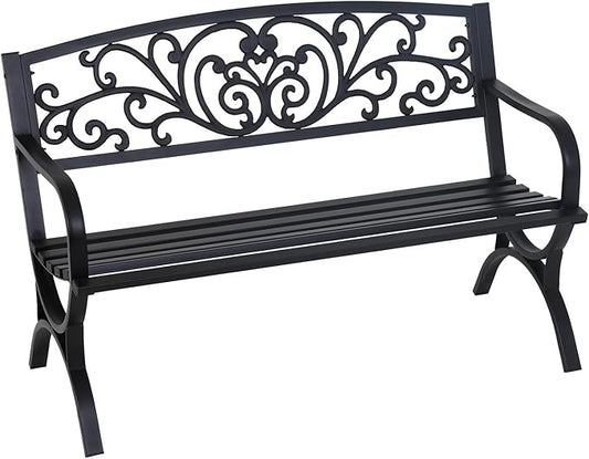 FDW Outdoor 50 Inches Garden Bench, Slatted Seat Armrests Floral Design Backres by FDW