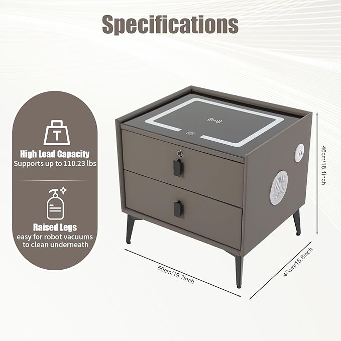 Smart Nightstand with Charging Station, Adjustable LED, USB Ports, Fingerprint - Image 2