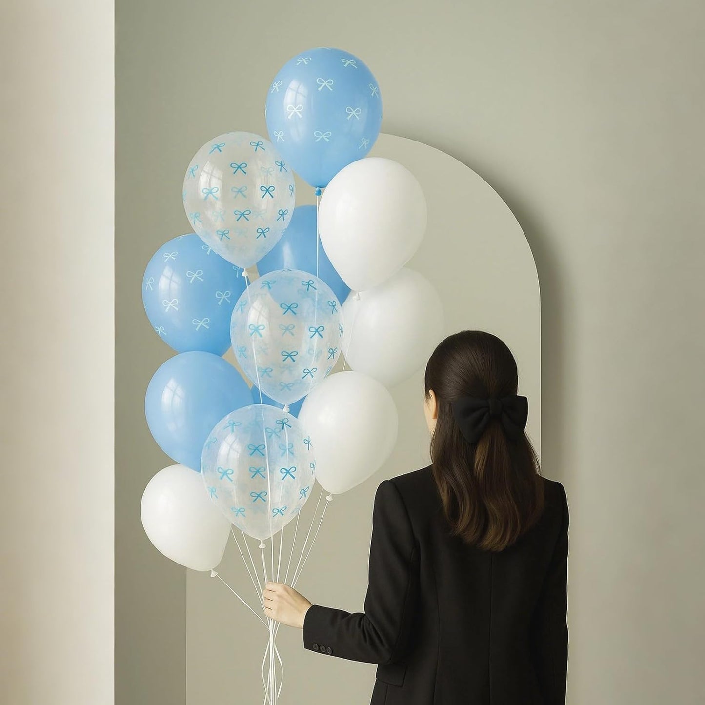 Blue Bow Balloons,12 Inch Pastel Light Blue Clear White Latex Balloon for Girls Women Birthday Bachelorette Bridal Wedding Anniversary Bow Theme Party Supplies