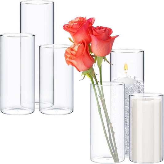 Thin Glass Cylinder Vases 2.5''/3.3'' Diameter 2mm Wall Thickness Clear Flowers Vase Hurricane Floating Candles Holders for Table Centerpieces Wedding Decor(3.3'' X 5.9'',7.9'',9.8'',6 Pcs)