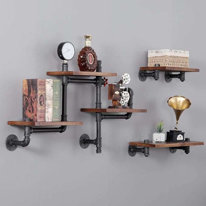 Industrial Floating Pipe Wall Shelves Rustic Wood Shelving, 5 Layer Pipe Design by SSSFurniture