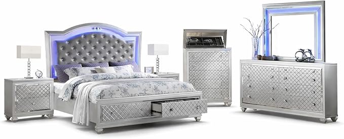 First of a Kind Shiney Contemporary 5 Piece King Bedroom Set High Gloss Silver - Image 2
