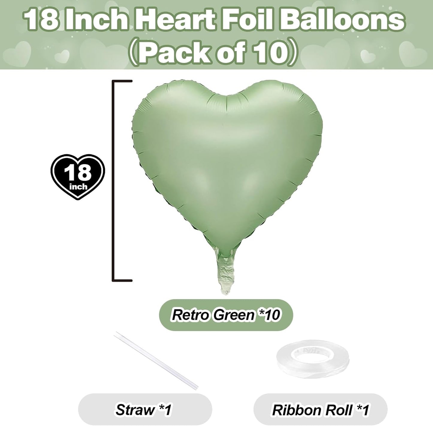 Sage Green Heart Foil Balloon, 10PCS Olive Green Heart Helium Balloons, Light Green Heart Shaped Mylar Balloons for Jungle Safari Party Birthday Graduation Garden Wedding Baby Shower Party Decorations