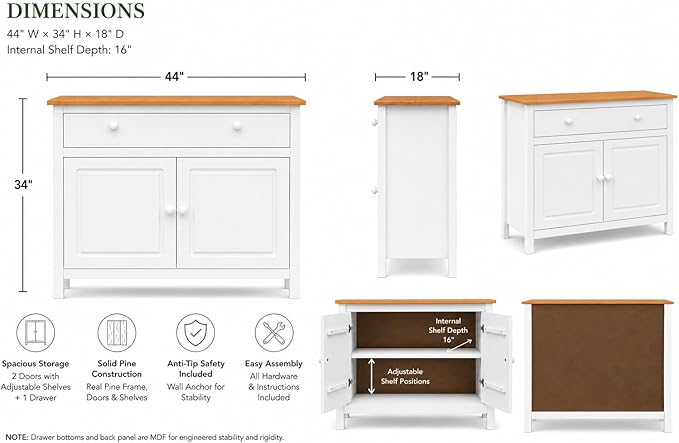 From the Tree Furniture 44" Wide White & Pine Top Solid Pine Shaker Sideboard - Image 2