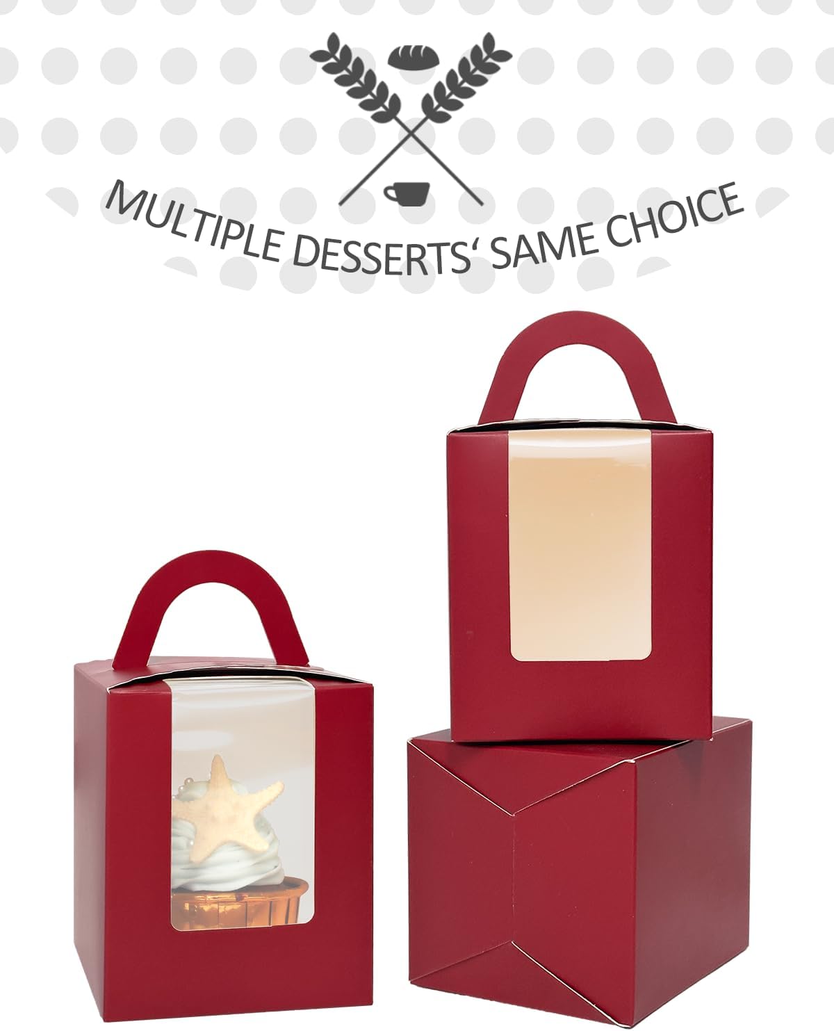 qiqee Wine Cupcake Boxes Individual Cupcake Holders Disposable 50pcs Single Cupcake Boxes with Window 3.7" 3.7"*4.5" Cupcake Containers