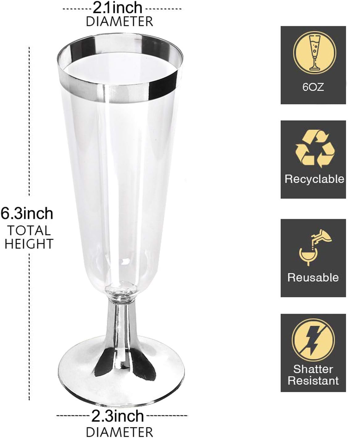 I00000 50 Pack Plastic Champagne Flutes with Silver Rim, Disposable Champagne Glasses 5 Oz, Perfect for Champagne, Bloody Mary, Sodas, Cocktail, Sundaes and other Desserts