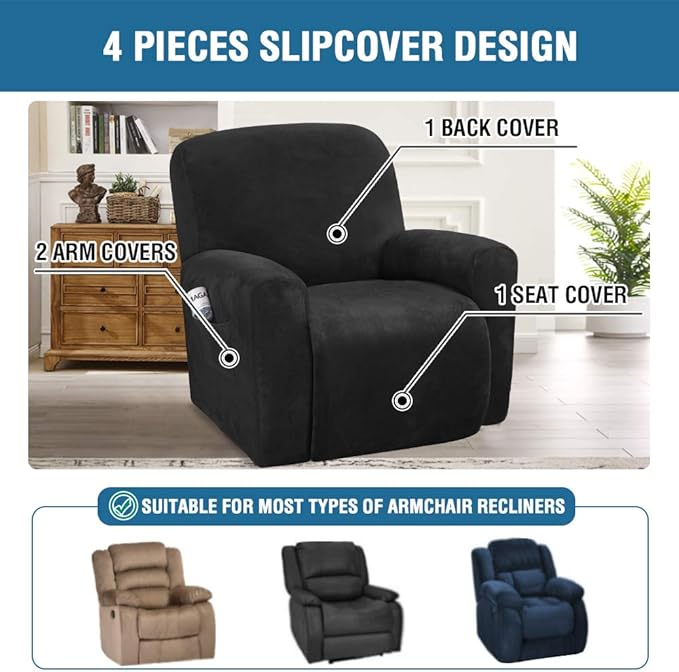 H.VERSAILTEX Velvet Stretch Recliner Couch Covers 4-Pieces Style Recliner Chair - Image 2