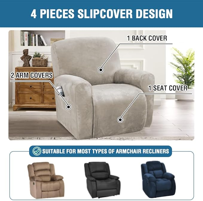 H.VERSAILTEX 4-Pieces Recliner Chair Covers Velvet Stretch Reclining Couch - Image 2
