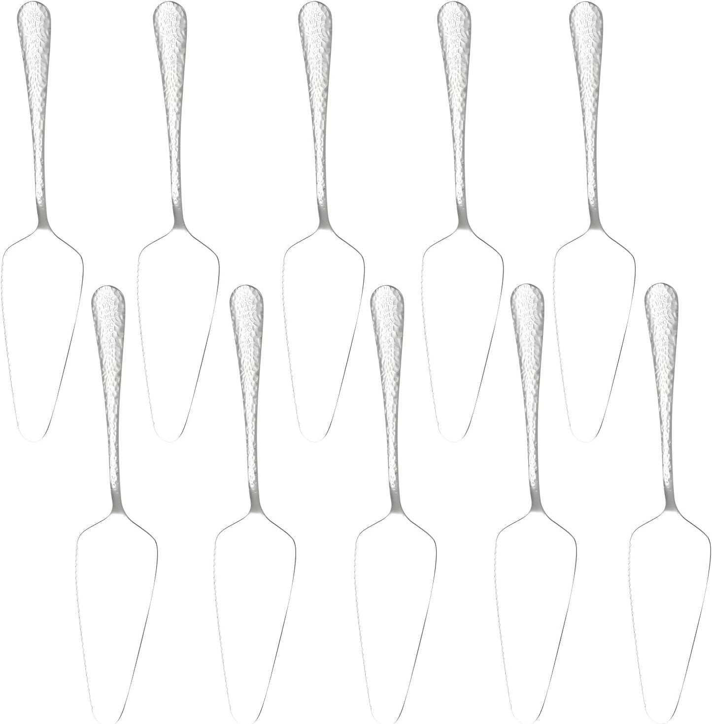 Stainless Steel Cake Server Pack of 10 Hammered Pie Holder Transfer Triangular Spade Spatula Serrated Edge for Pizza Cake Baking Safe in Dishwasher (Silver)