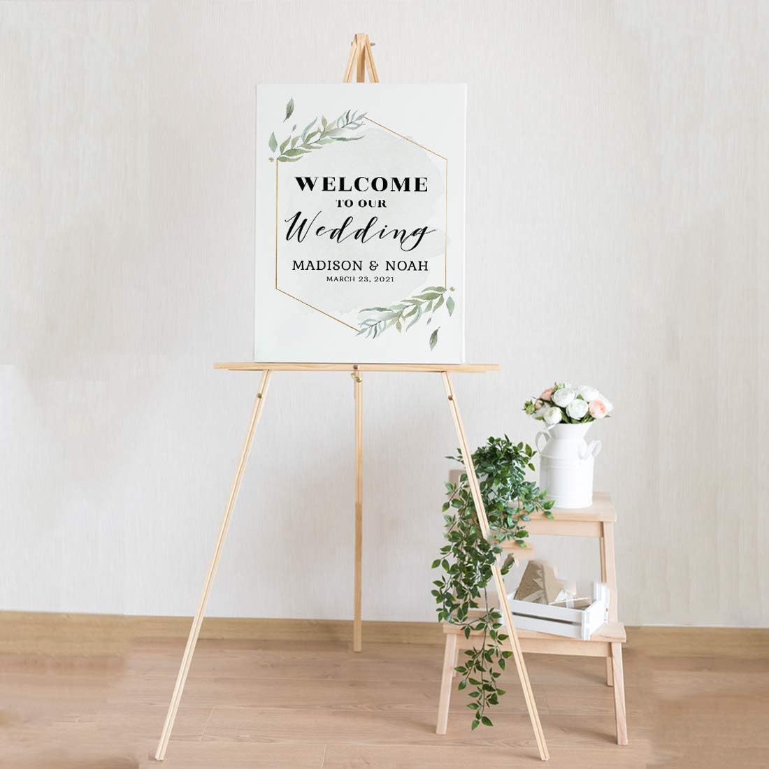 Andaz Press Personalized Extra Large Wedding Easel Board Party Sign, 12x18-inch, Modern Black, Gold with Green Leaves Florals, Welcome to Our Wedding Bride Groom Name Date, 1-Pack, Custom