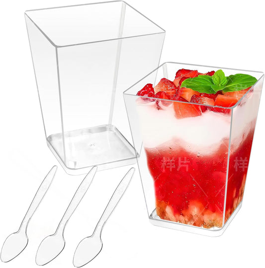 50 Pack 5 oz Clear Plastic Square Dessert Cups with Spoons，Mini Disposable Parfait Cups for Yogurt, Ice Cream and Tasting，Serving Cups for Appetizer，Pudding，Party (5 oz)