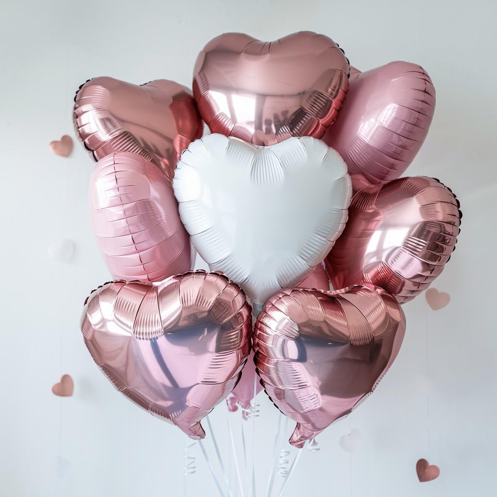 Pink White Heart Balloons, 18 Inch Baby Pink and White Heart Shape Balloon, 12PCS Helium Love Foil Balloon for Birthday Bridal Shower Engagement Wedding Valentine Party Decor