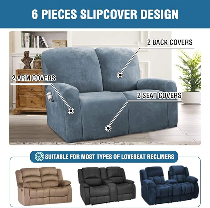 H.VERSAILTEX Velvet Stretch Recliner Couch Covers 6-Pieces Recliner Loveseat - Image 2