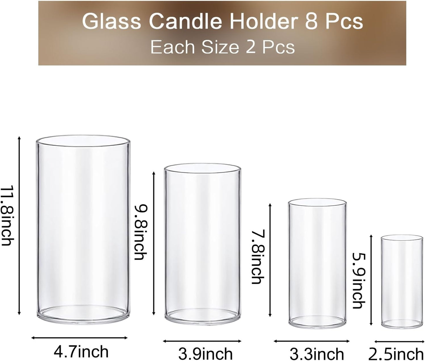 PHOSPHOR 8 PCS Glass Candle Holder, Hurricane Candle Hoder, Glass Pillar Candle Holder, Clear Cylinder Candleholder Cylinder Vase for Centerpieces Wedding Party Decoration