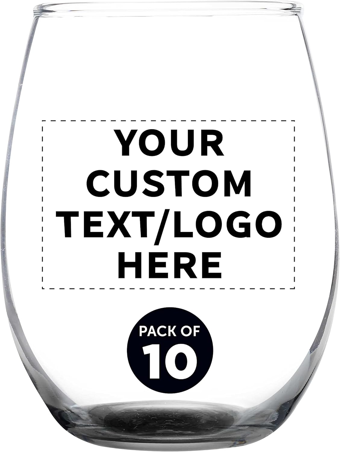 DISCOUNT PROMOS Custom Stemless Wine Glass 9 oz. Set of 10, Personalized Bulk Pack - Great for Wedding Favors, Bachelorette Party Decorations, Party Favors, Color Bottom - Black