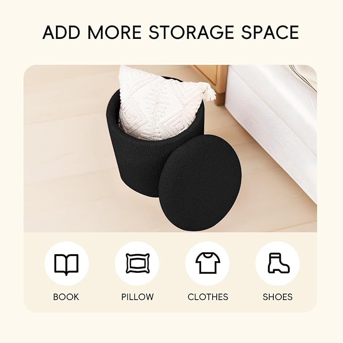 PINPLUS Ottoman with Stroage Round Boucle Ottoman and Tray Sherpa Removable - Image 5