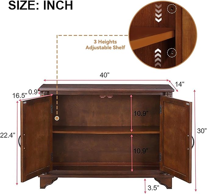 40" Solid Wood Buffet Storage Cabinet, Vintage Console Table - Image 3