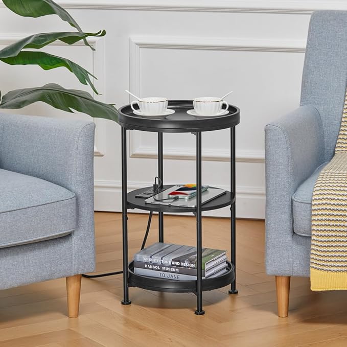 Dulcii Round Side Table with Charging Station, Bedroom Nightstand with Steel - Image 4