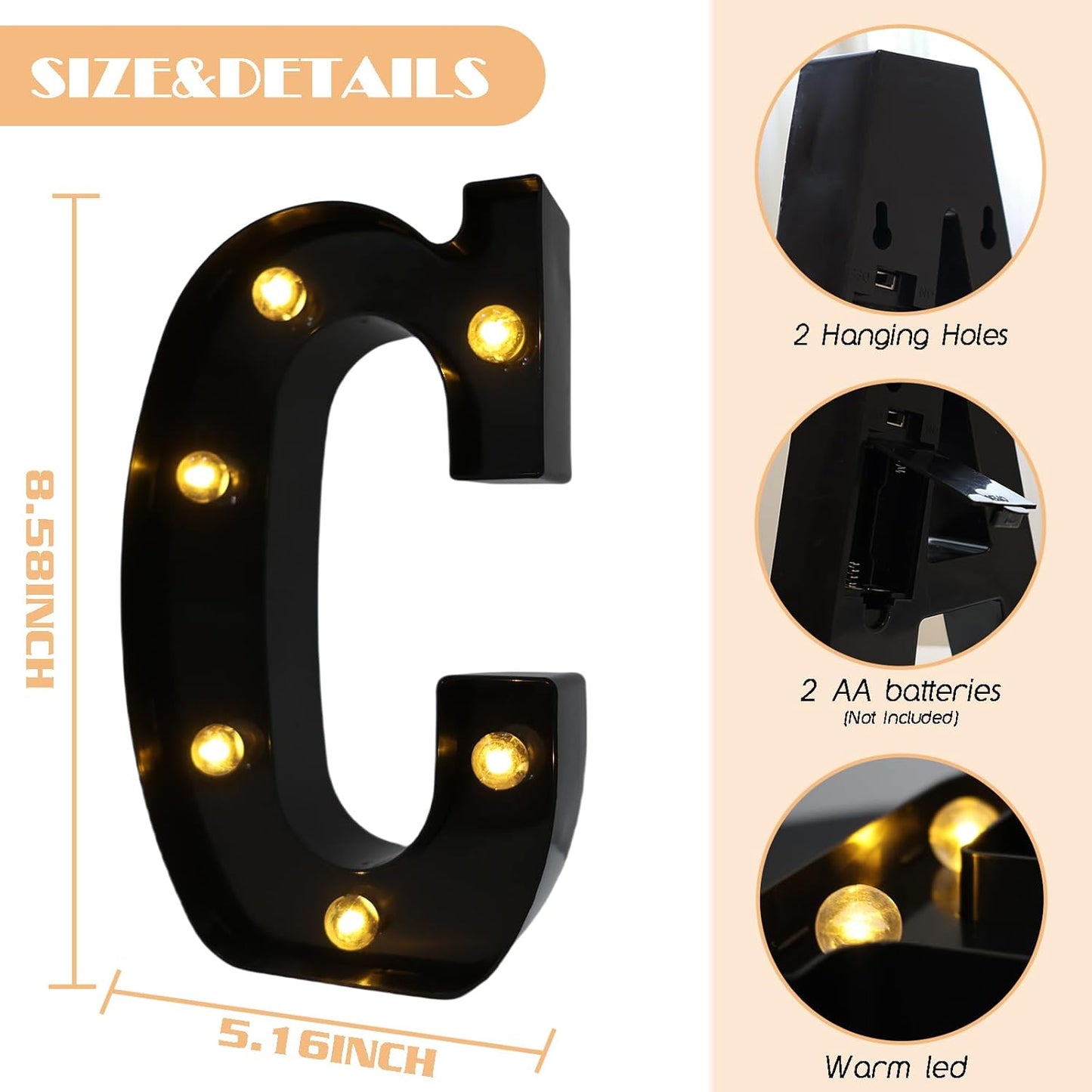 Led Marquee Letters, 8.58 Inch Black Light Up Letters, Small Led Letter Lights, Battery Powered Lighted Letterfor Table, Party, Birthday, Christmas Decor (Black, Letter C)