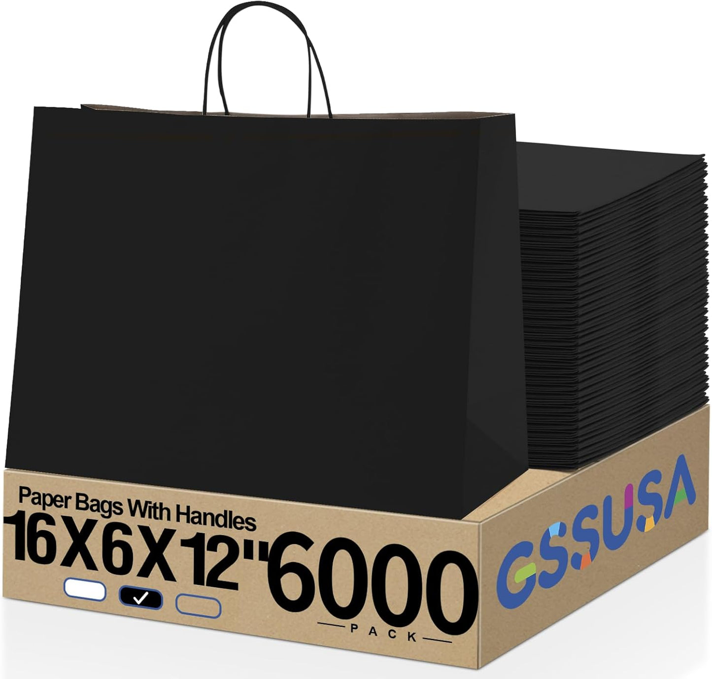 GSSUSA 16x6x12 Inches Large Paper Bags with Handles, 6000 Pack Black Paper Gift Bag, Recyclable Kraft Paper Shopping Bags for Small Business, Party Favor, Craft Bag for Boutique