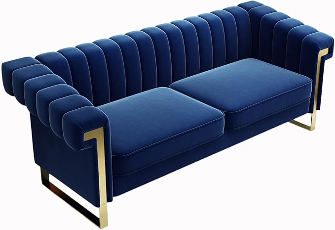 Mid-Century Modern Blue Velvet Sofa - Image 7