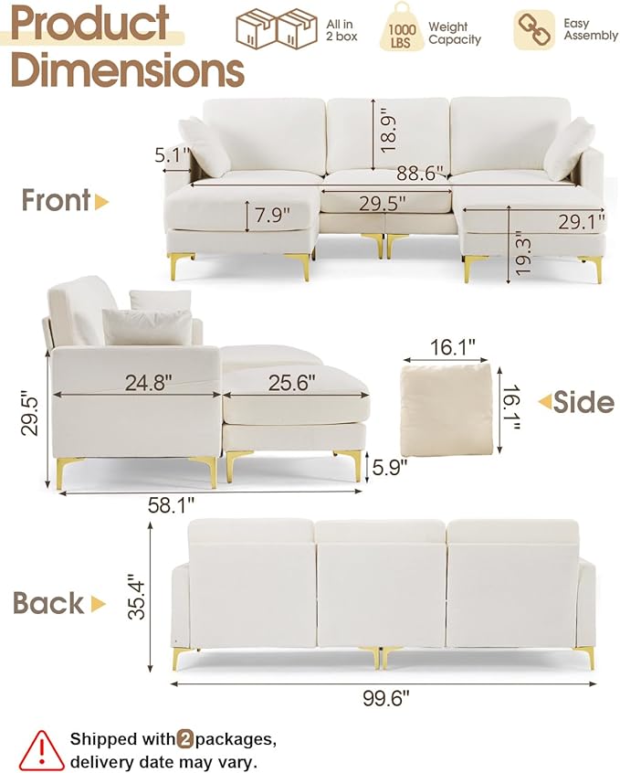 Karl home 99.6" Sectional Sofa, U-Shaped Chenille Upholstered Couch - Image 2