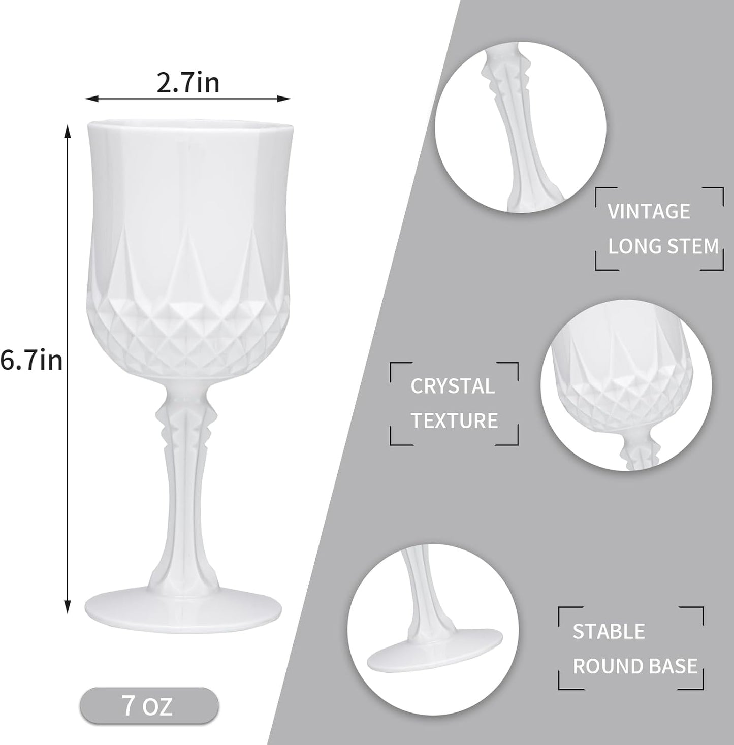 JLYLOL Plastic Vintage Wine Glasses 7OZ Plastic Goblets Vintage Drinking Glasses 48PCS Retro Wedding Glassware Water Goblets Reusable Drinking Cups for Party,Reception,Celebration,Bar,Whiskey(White)