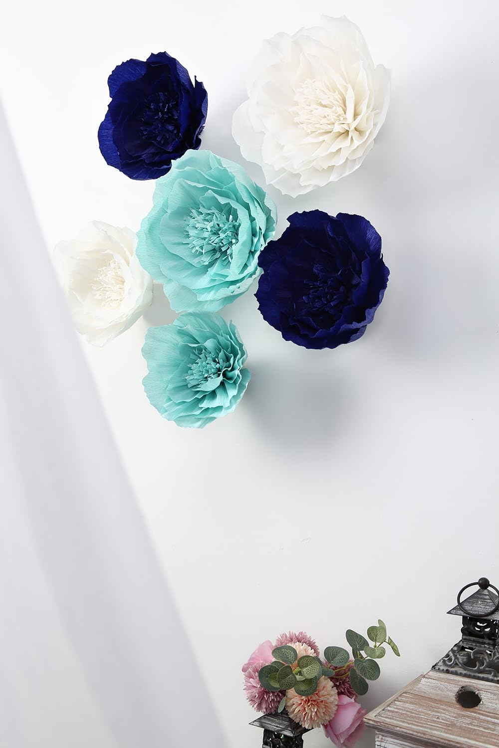Paper Flower Decorations for Wall, Navy Blue Wedding Backdrop, Baby Boy Nursery Wall Decor, Bridal Shower, Nautical Theme Birthday Party (Navy Blue, Light Blue, White, Set of 6)