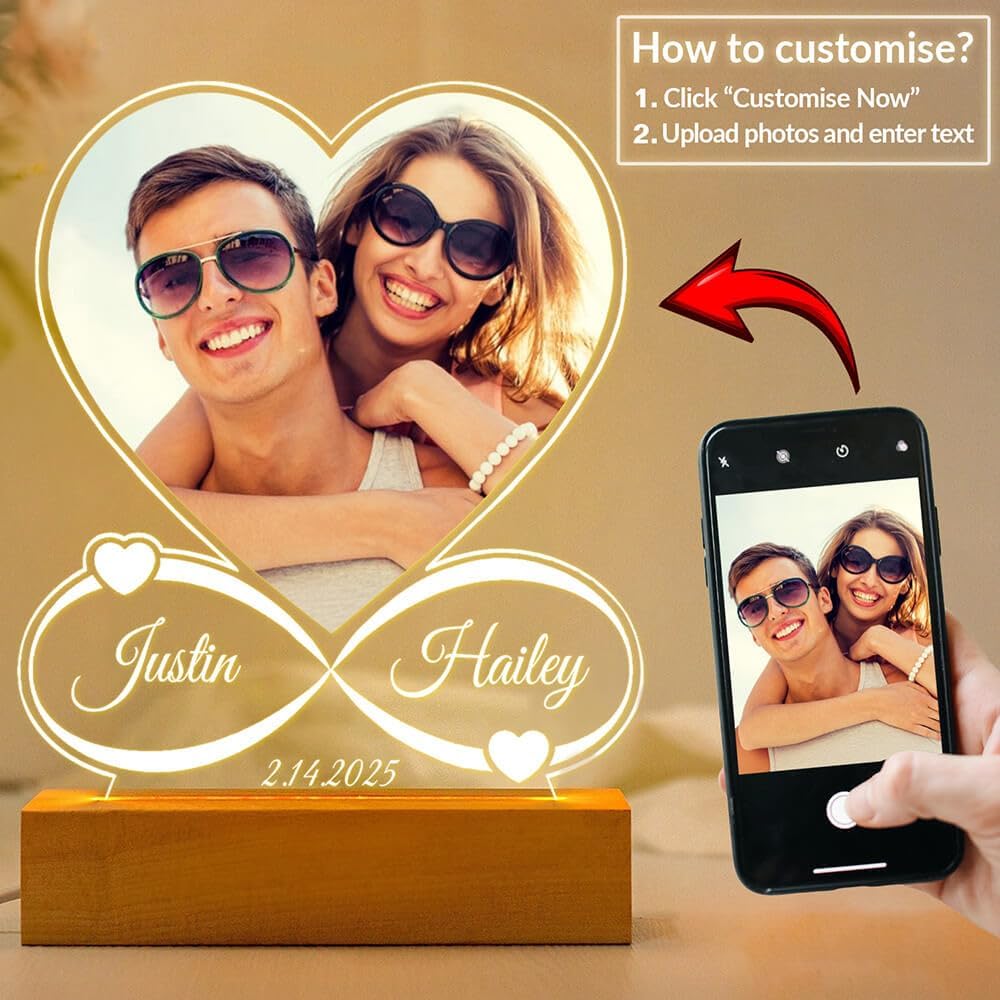 Custom Picture Frame with Photo, Personalized Photo Frame with Night Light, Customized Picture Frames, Personalized Anniversary Couple Gifts for Women Men Her Him Girlfriend Boyfriend