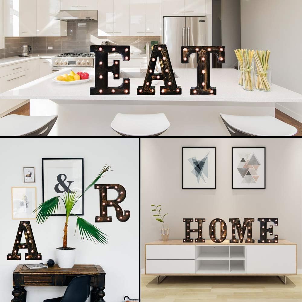 OYCBUZO Golden Black Led Marquee Letter - Industrial, Vintage Style Light Up Alphabet Letter Sign for Cafe Wedding Birthday Party Christmas Lamp Home Bar Initials Decor - E