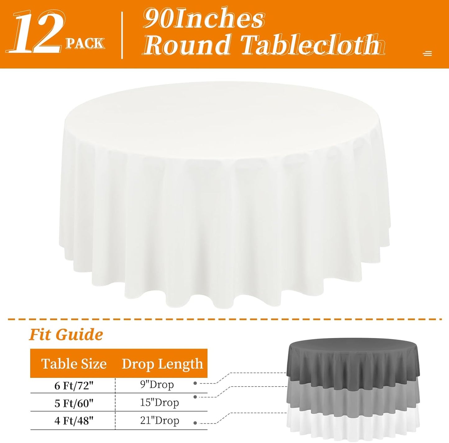 12 Pack Round Tablecloth 90 Inch - Ivory Polyester Table Cloth for Round Table, Premium Ivory Tableclothes Washable Fabric Table Cover for Wedding Party Banquet Restaurant Reception Dining