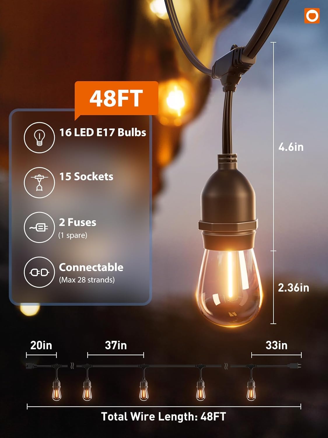 addlon LED Outdoor String Lights 48FT with Edison Vintage Shatterproof Bulbs and Commercial Grade Weatherproof Strand - ETL Listed Decorative Lights for Patio Garden