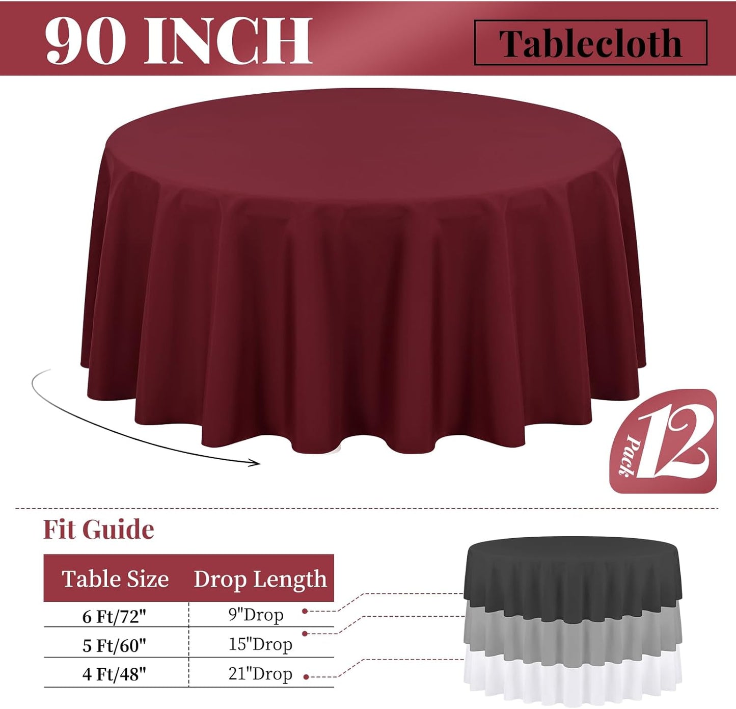 Fani 12 Pack 90 Inch Round Burgundy Polyester Tablecloths for Round Table, Wedding Party, Dining Table, Buffet, Banquet, Restaurant, Camping