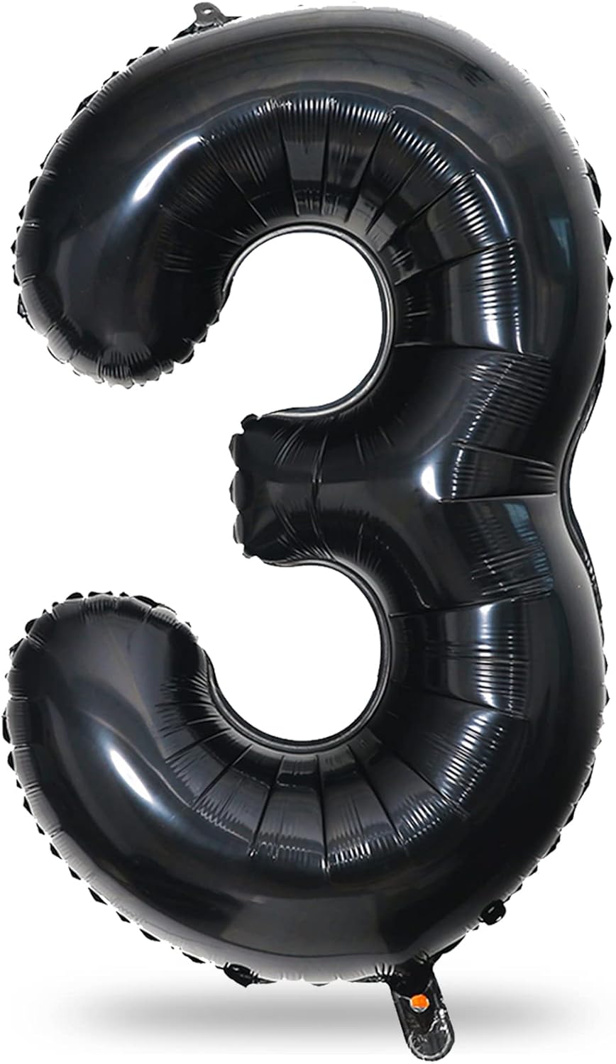 40" Black Number 3 Balloon for Birthday Party Decorations, Large Self Inflating Helium Foil Number Balloons Set 0-9 for Women Men 30th Birthday Graduation 3rd Anniversary Party Decorations Supplies