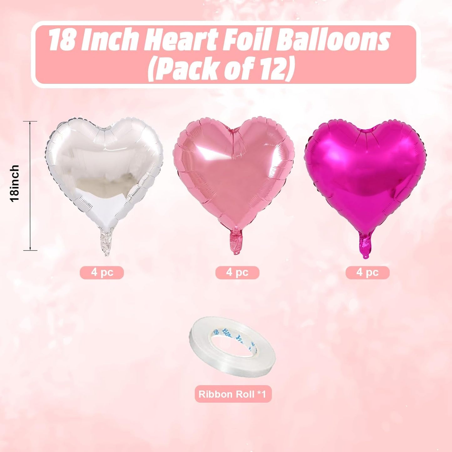 Rose Red Silver Heart Balloons, 18 Inch Light Pink and Silver Heart Shaped Balloon, 12PCS Hot Pink Helium Foil Love Balloons for Birthday Engagement Wedding Valentine Party Decorations