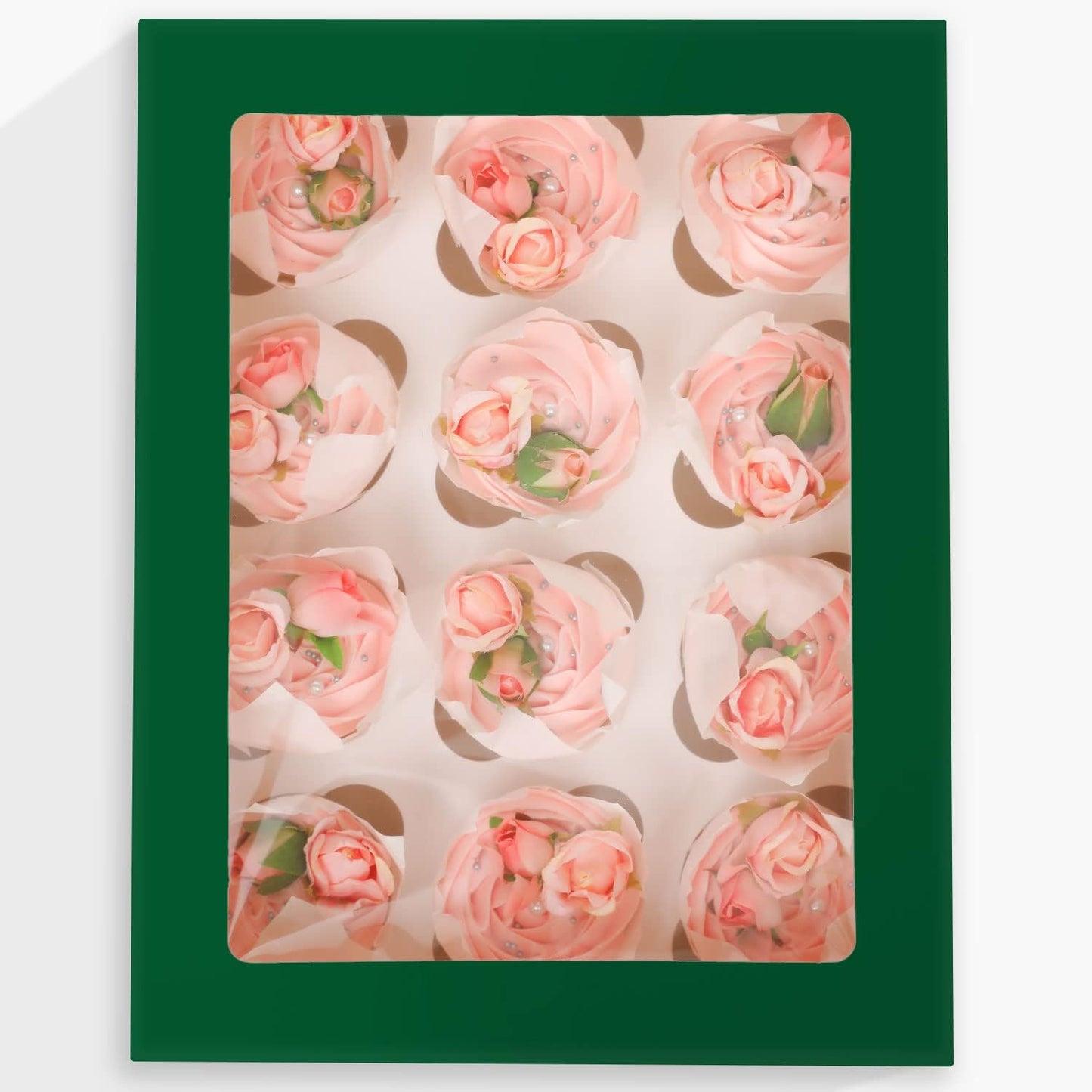 12 Cupcake Containers 10-Packs Forest Green Cupcake Box Cupcakes Carrier, 12 Cupcake Boxes with Window 13"x10"x3.5"（Auto-pop up）