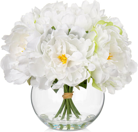 Fake Flowers in Vase White Peonies Artificial Flowers Real Touch Faux Flowers Large Peony Silk Flower Arrangements with Glass Vase with Faux Water for Home Decor Office Table Centerpiece Decorations