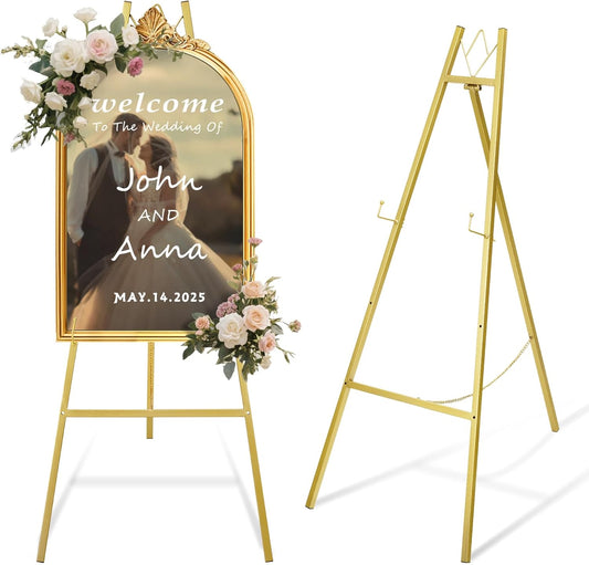 WATIHERE 57.5" Gold Easel Stand for Wedding Sign – 4 Adjustable Height Levels, Assembly Required, Heavy Duty Metal Display Stand for Art, Paintings, Posters, Pictures, and Home Décor