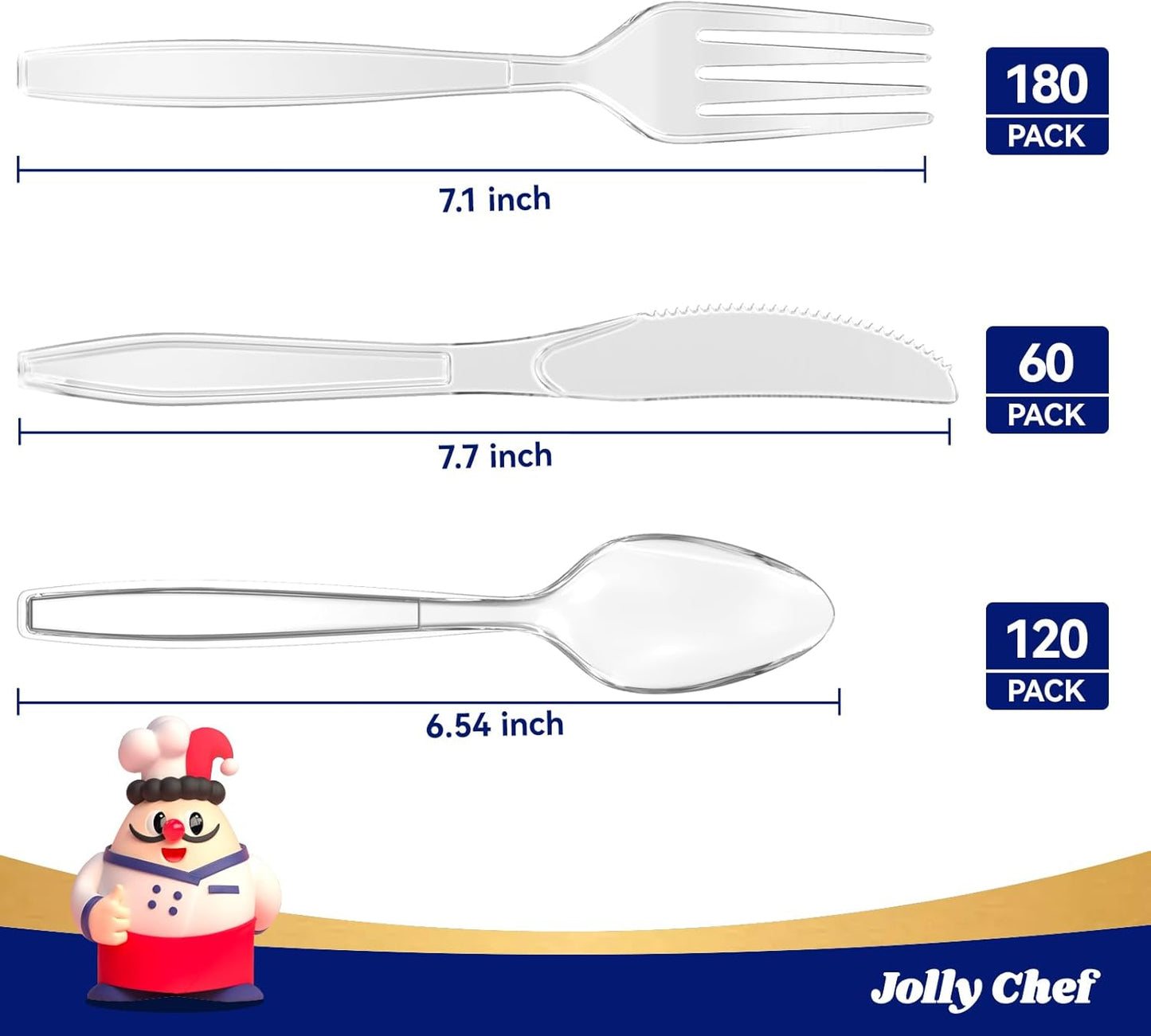 JOLLY CHEF 360 Count Heavy Duty Clear Plastic Silverware-180 Forks, 120 Spoons, 60 Knives, Heat Resistant Disposable Utensils Set, Clear Plastic Cutlery Set for Parties, Events, Everyday Use