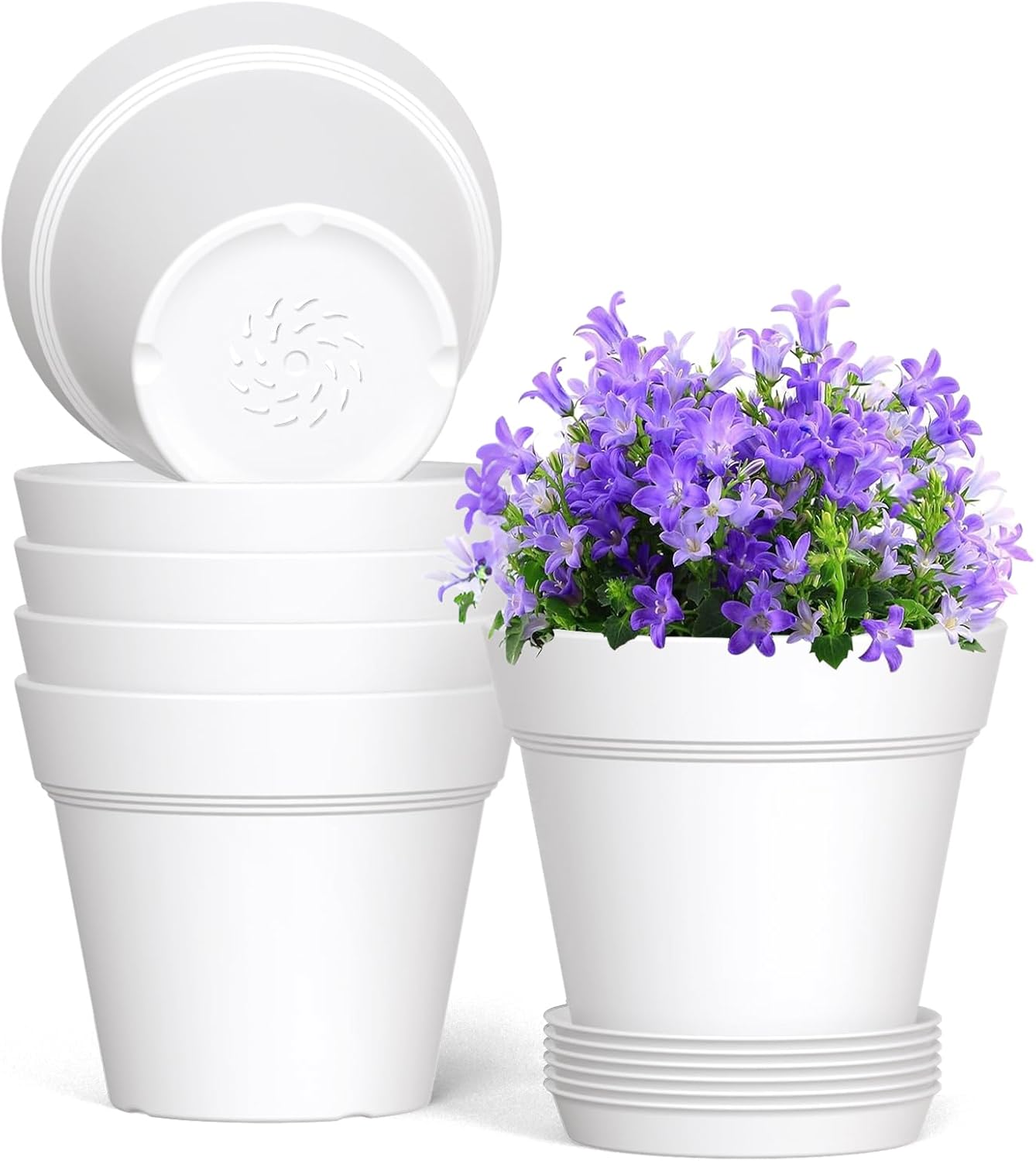 5 Inch Plastic Plant Pots with Drainage Holes and Trays – 6 Pack Small Nursery Pots for Indoor & Outdoor House Plants and Flowers, Seedling Starter Planters, White