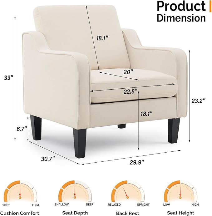 VINGLI Beige Accent Chairs for Living Room, Line Comfy Upholstered Chair Mid - Image 2