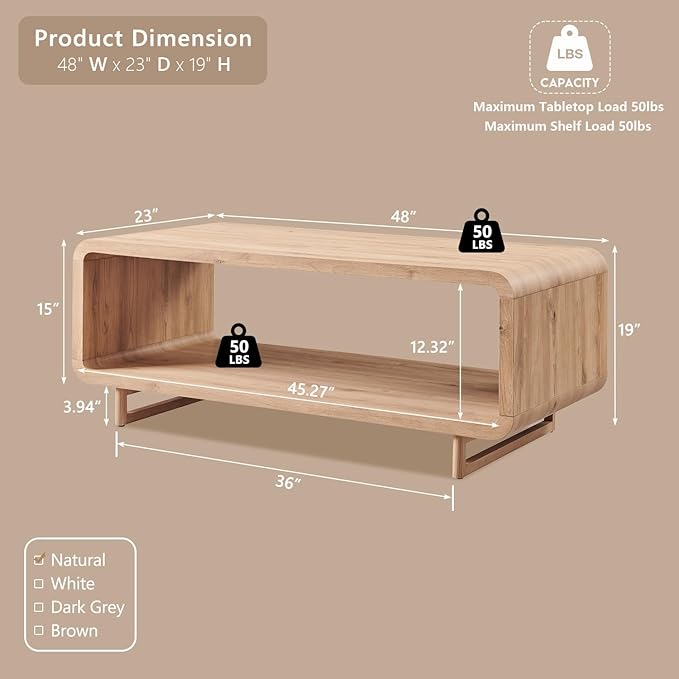 IFGET 48" Modern Coffee Table, 2-Tier Minimalist Center Table - Image 2