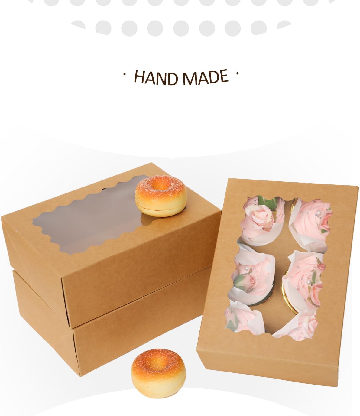 qiqee Brown 6 Cupcake Boxes with Window 30 Auto pop up Packs Cupcake Box 9"x6.1"x3.3" Bakery Boxes For Cupcakes Carrier, Cupcake Containers